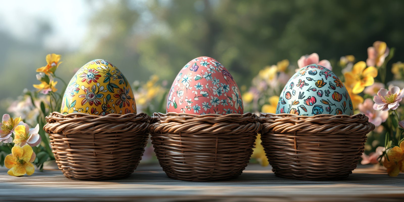 Colorful decorative eggs in wicker baskets surrounded by spring flowers outdoors in sunny daylight